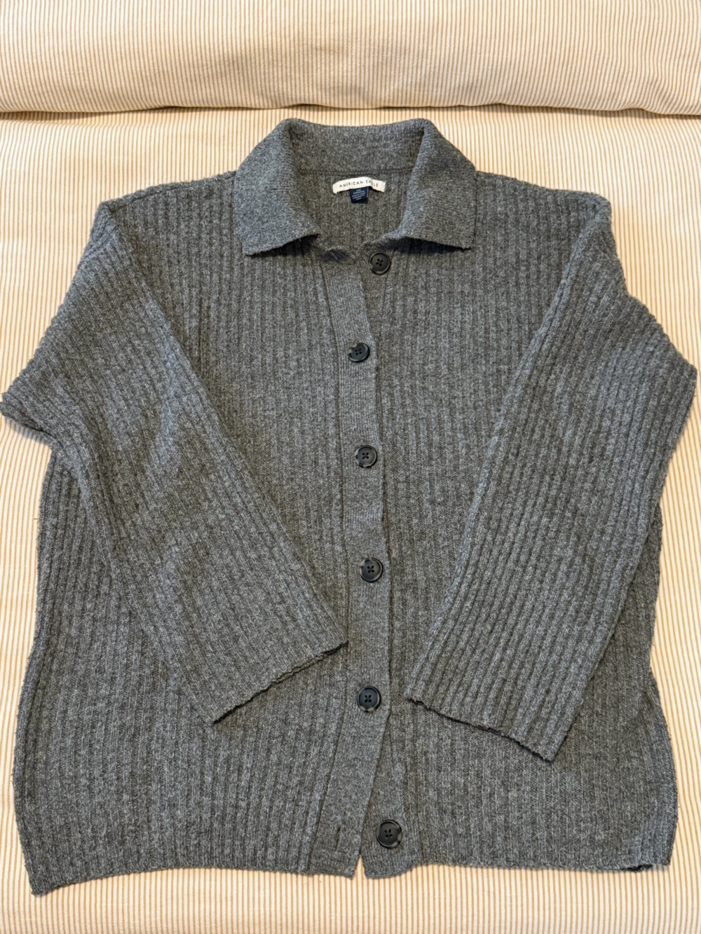American Eagle Outfitters Gray Ribbed Button-Up Sweater